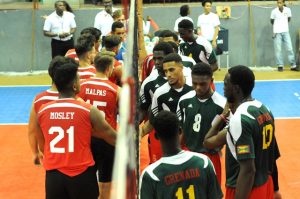 Team Bermuda shake their hands before the match Grenada
