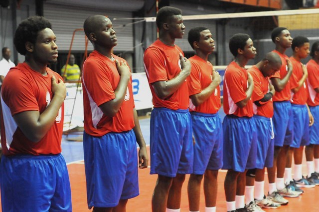 Team Dutch Saint Marrten during the national anthem against Antigua Barbuda