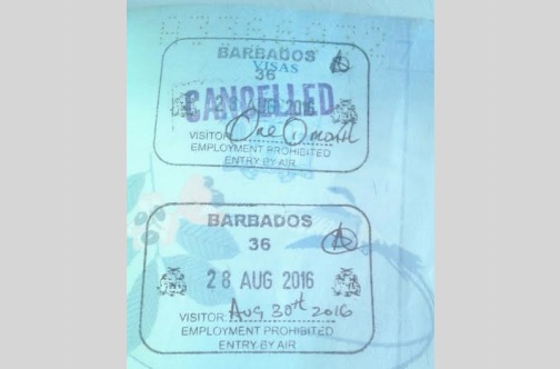 King’s passport shows two stamps — the first one depicting her being denied entry, then a cancellation of that denial and the second showing where she was granted a two day stay in Barbados
