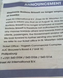 Inselair announcement in the local newspaper